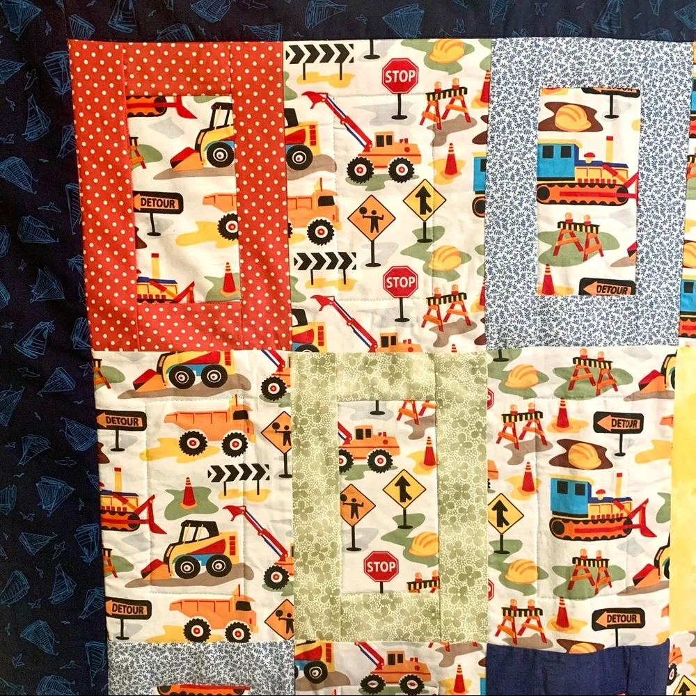 Handmade Child’s Construction Vehicles Transportation Patchwork Quilt Multicolor